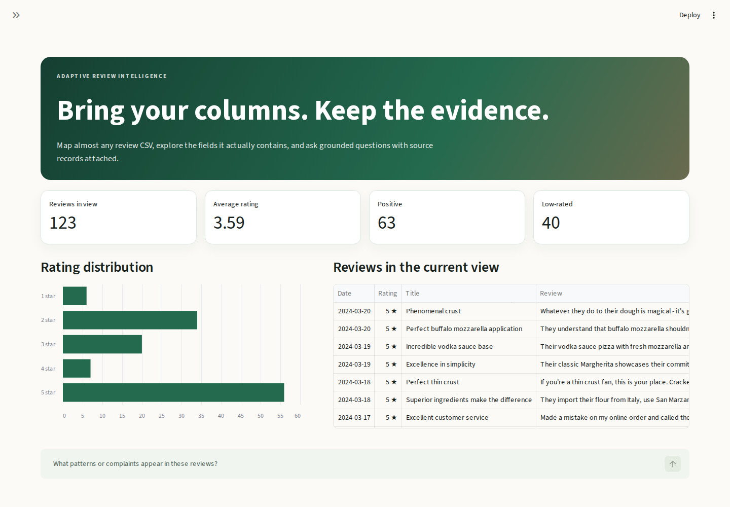Local Review Intelligence dashboard showing 123 reviews, summary metrics, rating distribution and the review table